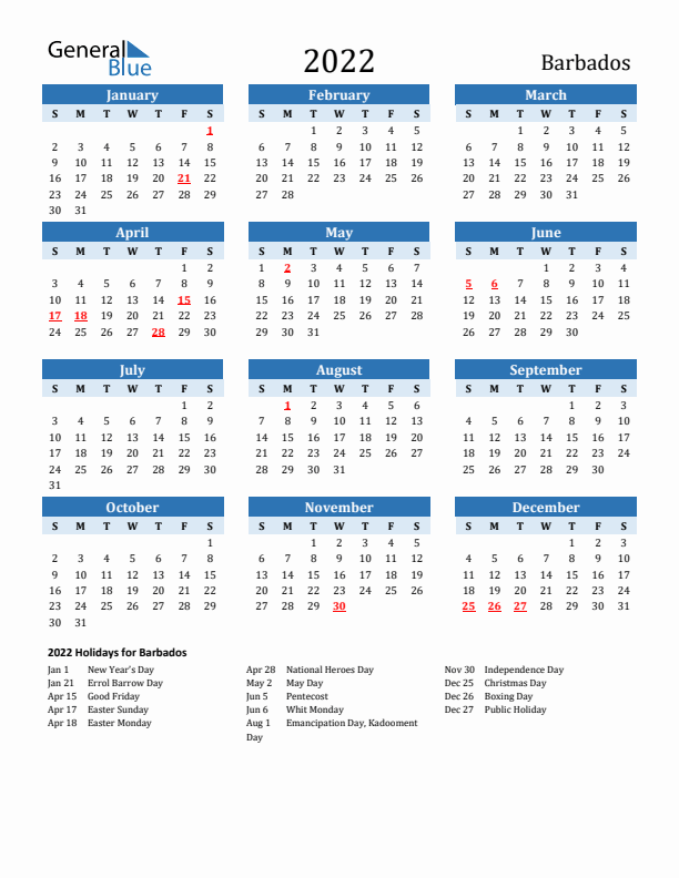Printable Calendar 2022 with Barbados Holidays (Sunday Start)