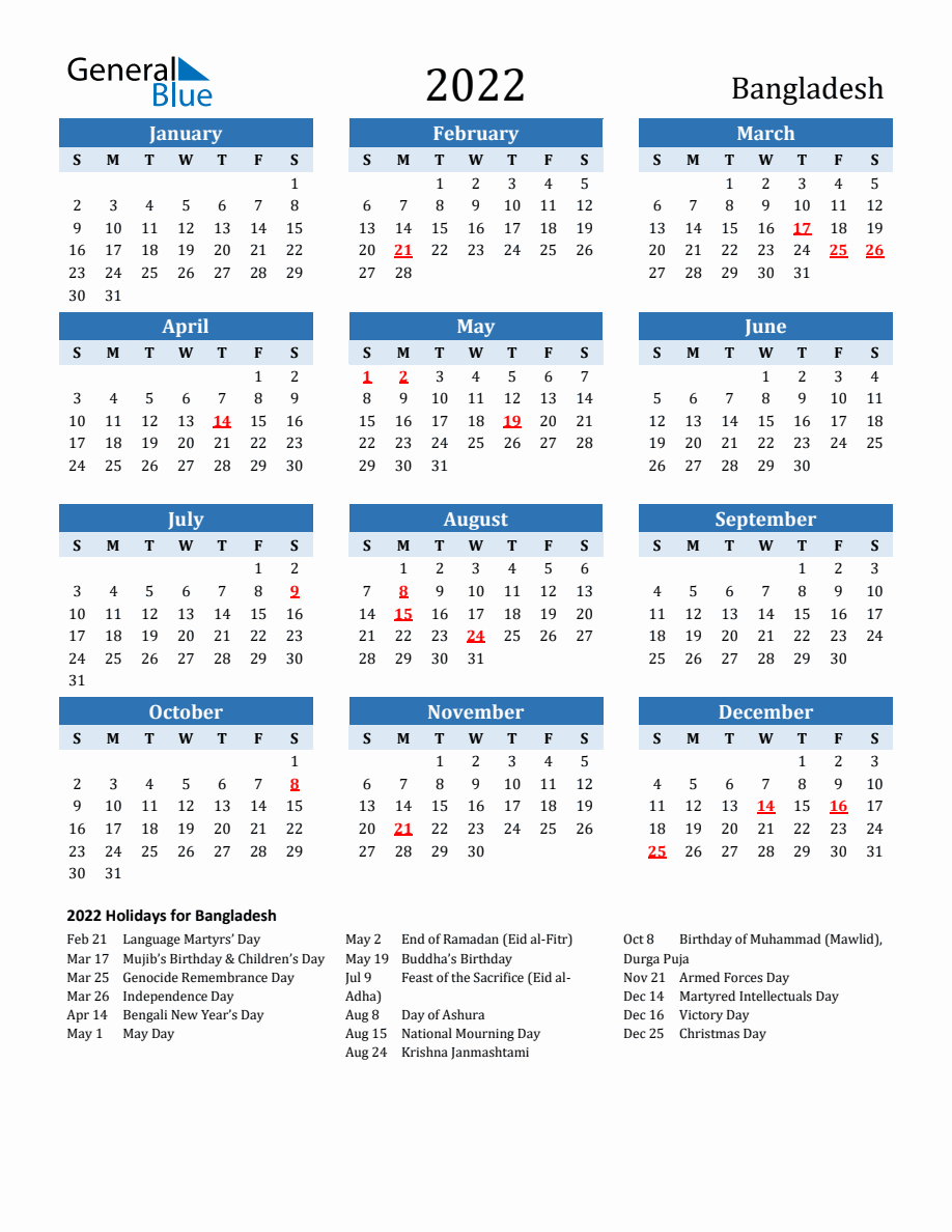 2022 Printable Calendar with Bangladesh Holidays