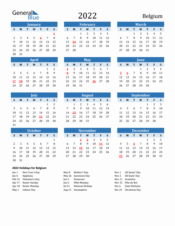 Printable Calendar 2022 with Belgium Holidays (Sunday Start)