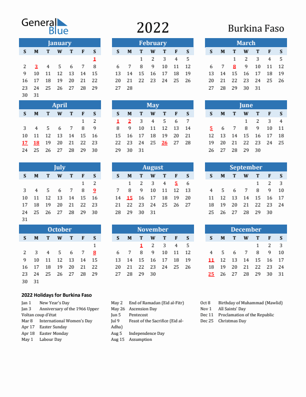 Printable Calendar 2022 with Burkina Faso Holidays (Sunday Start)