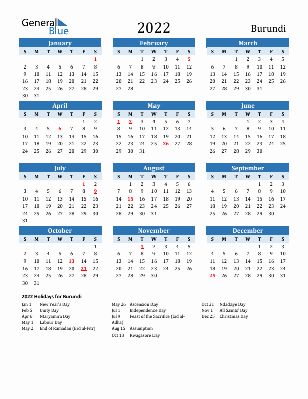 Printable Calendar 2022 with Burundi Holidays (Sunday Start)