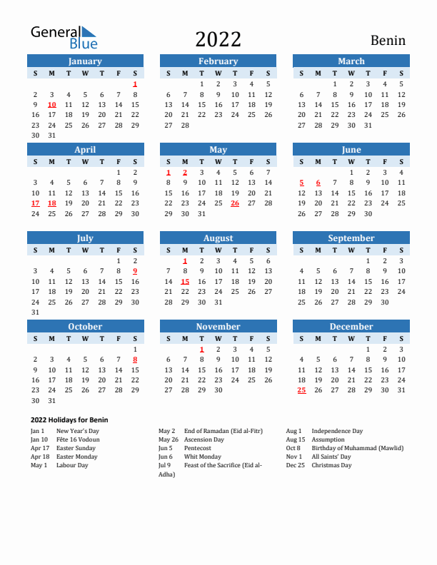 Printable Calendar 2022 with Benin Holidays (Sunday Start)