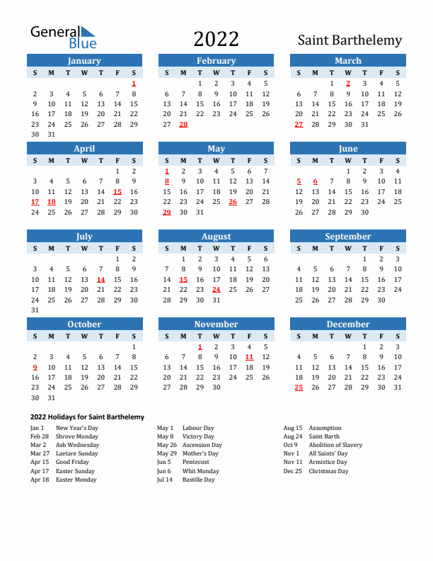Printable Calendar 2022 with Saint Barthelemy Holidays (Sunday Start)