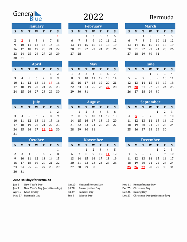 Printable Calendar 2022 with Bermuda Holidays (Sunday Start)
