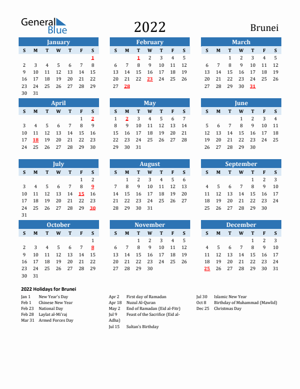Printable Calendar 2022 with Brunei Holidays (Sunday Start)