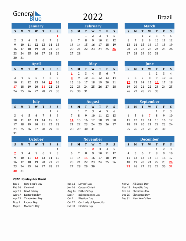 Printable Calendar 2022 with Brazil Holidays (Sunday Start)