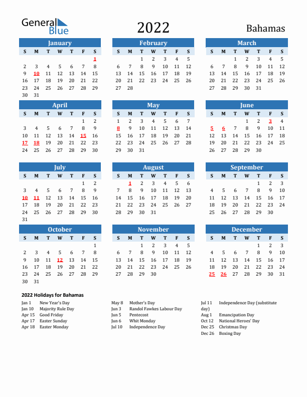 Printable Calendar 2022 with Bahamas Holidays (Sunday Start)