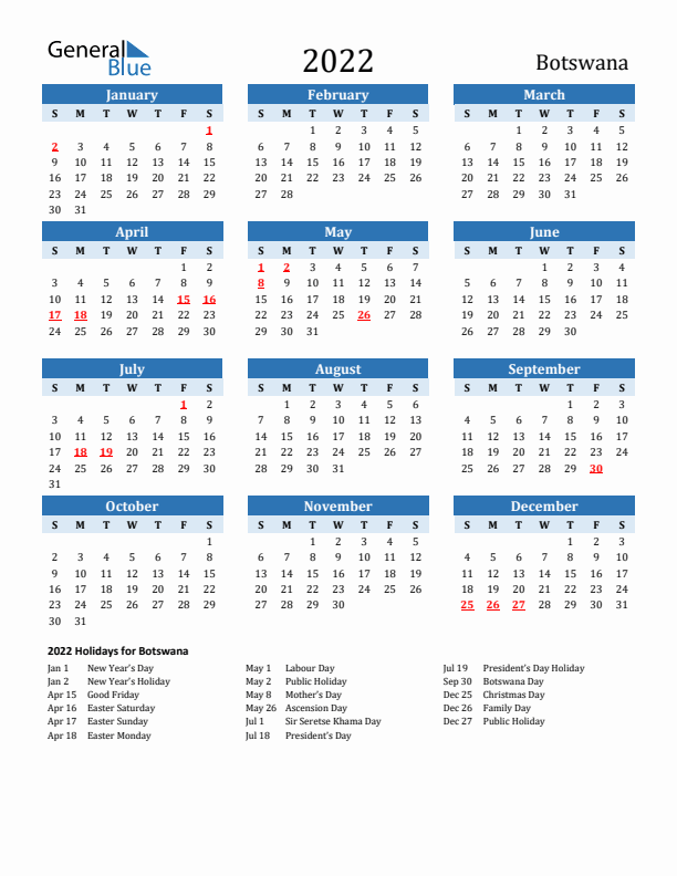 Printable Calendar 2022 with Botswana Holidays (Sunday Start)