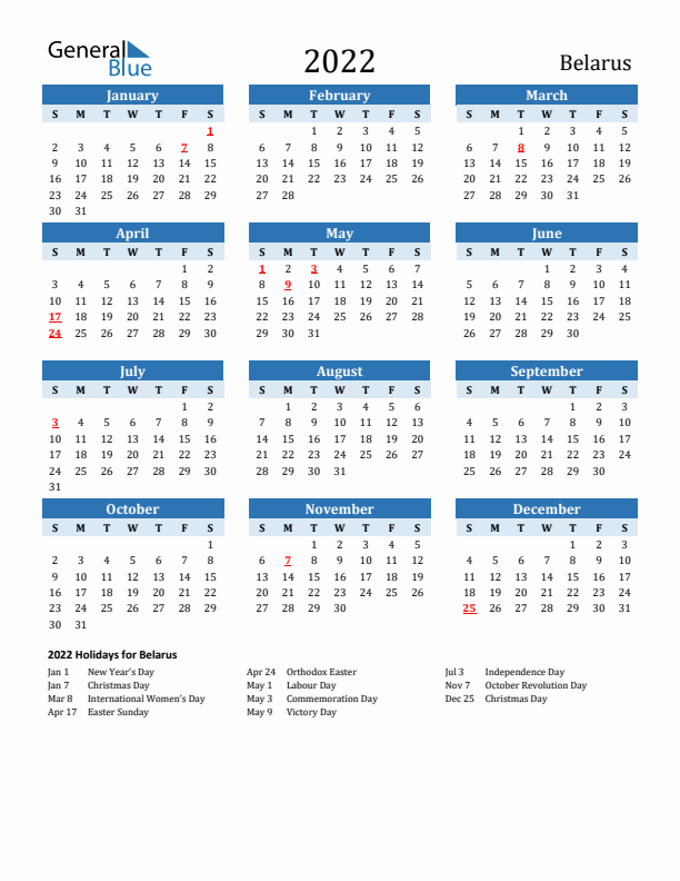 Printable Calendar 2022 with Belarus Holidays (Sunday Start)
