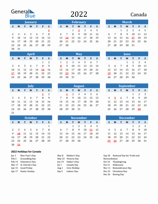 Printable Calendar 2022 with Canada Holidays (Sunday Start)