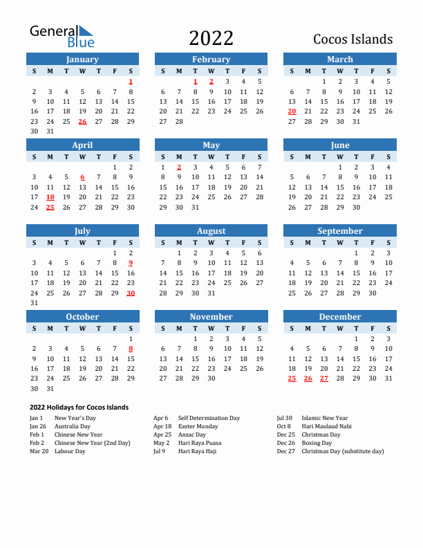 Printable Calendar 2022 with Cocos Islands Holidays (Sunday Start)