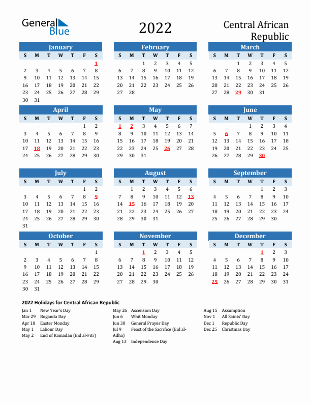 Printable Calendar 2022 with Central African Republic Holidays (Sunday Start)