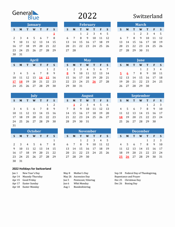 Printable Calendar 2022 with Switzerland Holidays (Sunday Start)