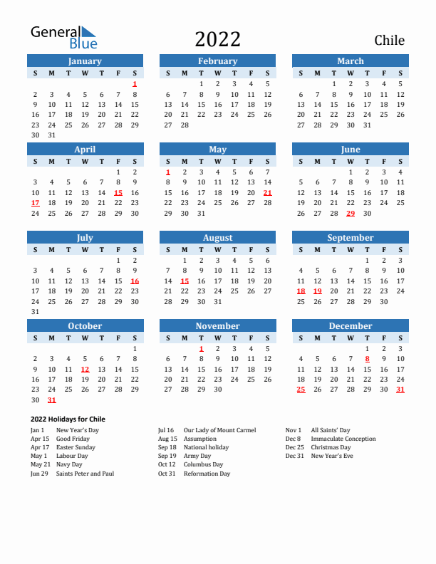 Printable Calendar 2022 with Chile Holidays (Sunday Start)