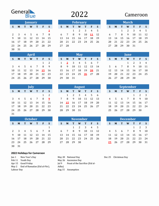 Printable Calendar 2022 with Cameroon Holidays (Sunday Start)