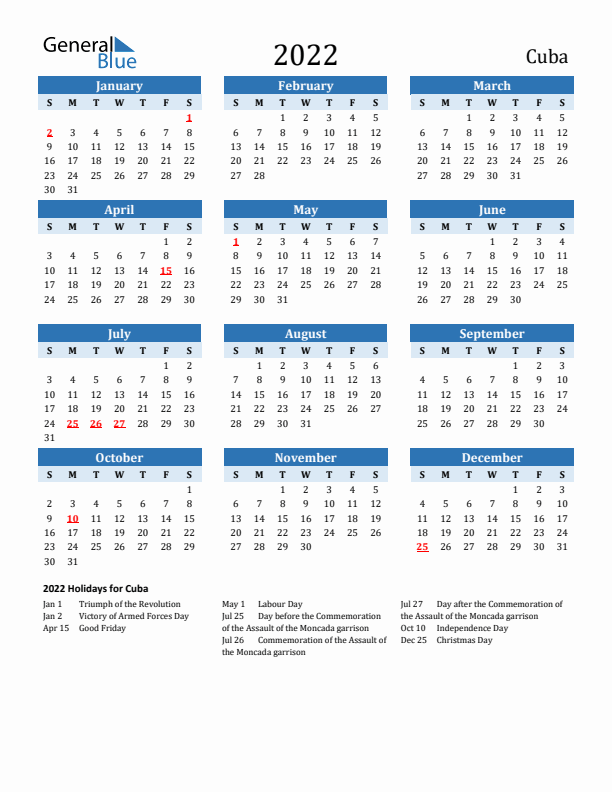 Printable Calendar 2022 with Cuba Holidays (Sunday Start)