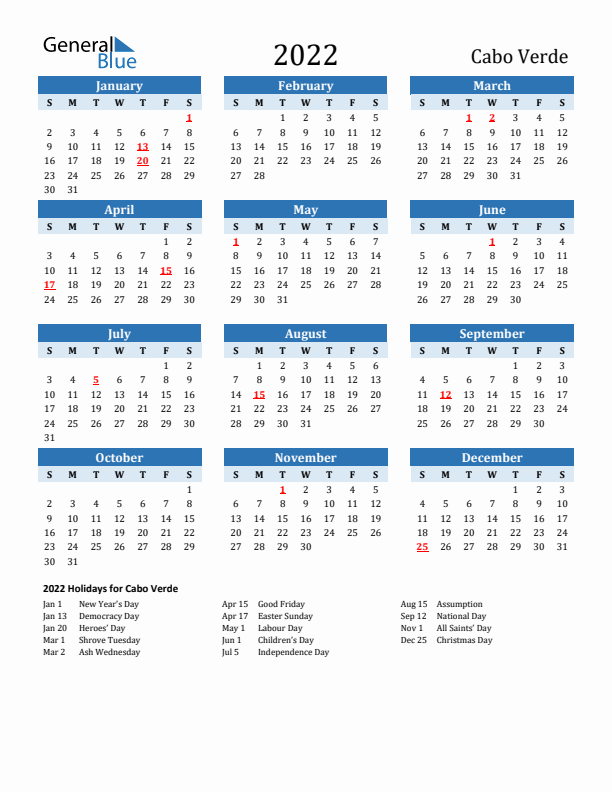 Printable Calendar 2022 with Cabo Verde Holidays (Sunday Start)