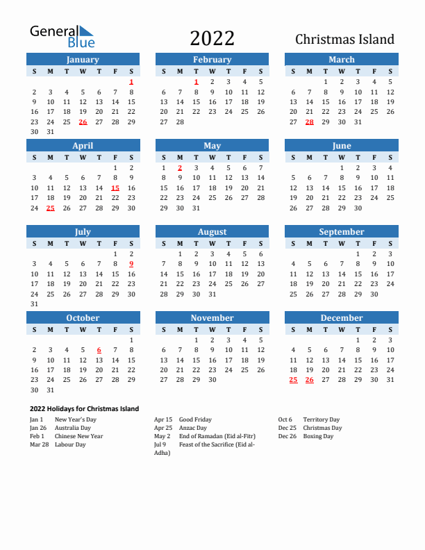 Printable Calendar 2022 with Christmas Island Holidays (Sunday Start)