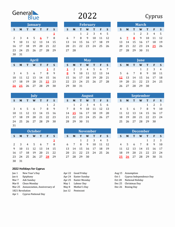 Printable Calendar 2022 with Cyprus Holidays (Sunday Start)