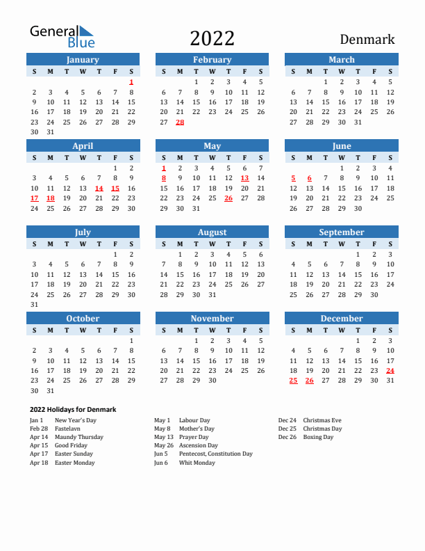 Printable Calendar 2022 with Denmark Holidays (Sunday Start)