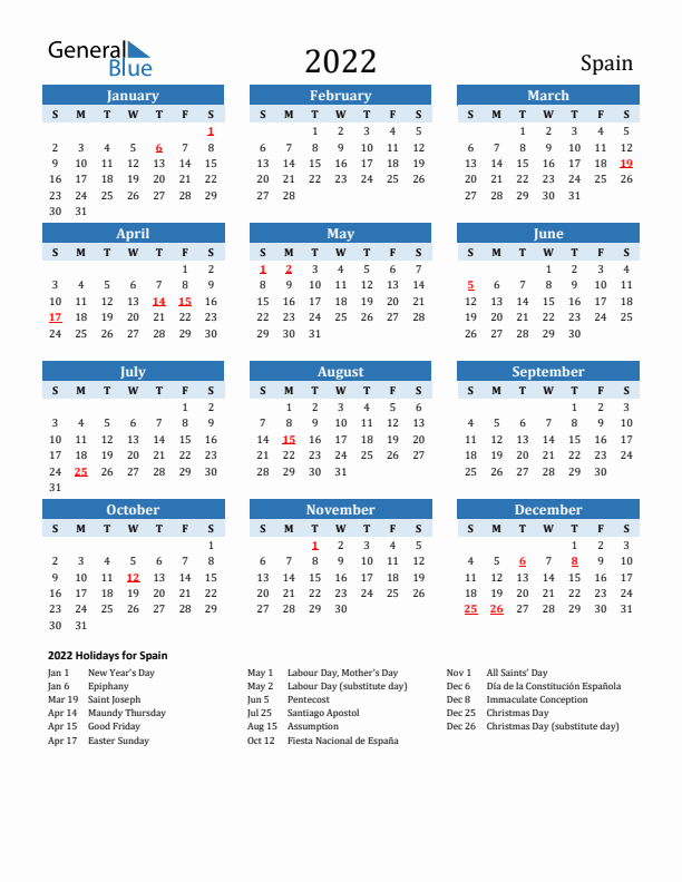 Printable Calendar 2022 with Spain Holidays (Sunday Start)