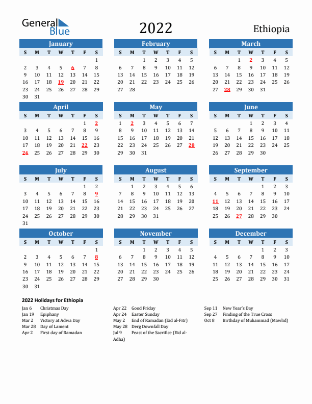 Printable Calendar 2022 with Ethiopia Holidays (Sunday Start)