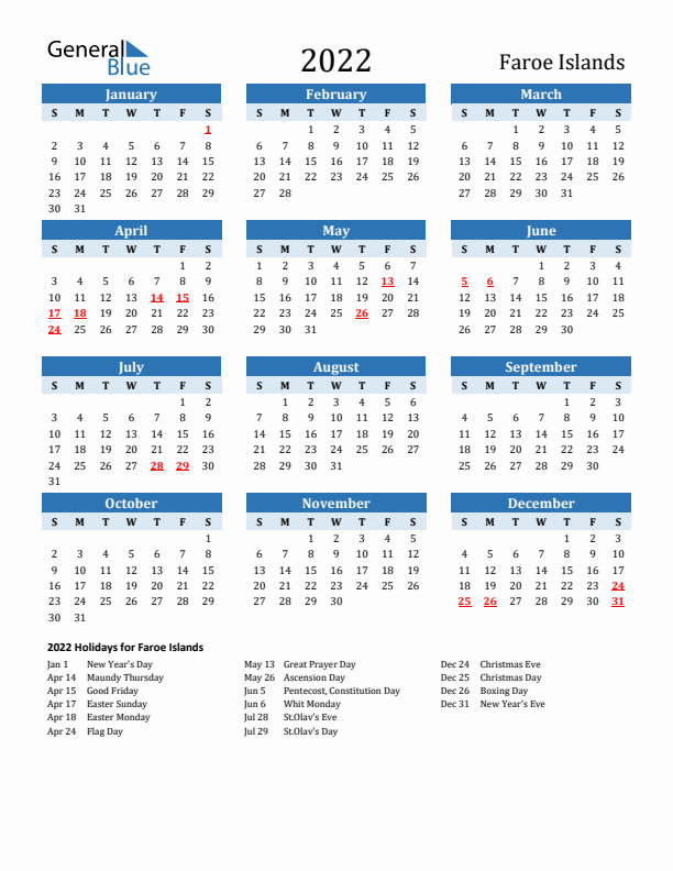 Printable Calendar 2022 with Faroe Islands Holidays (Sunday Start)