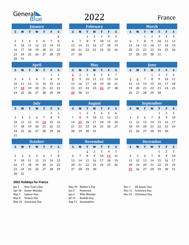 Printable Calendar 2022 with France Holidays (Sunday Start)