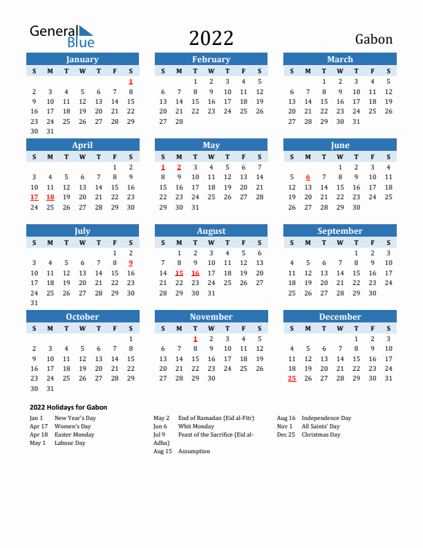 Printable Calendar 2022 with Gabon Holidays (Sunday Start)