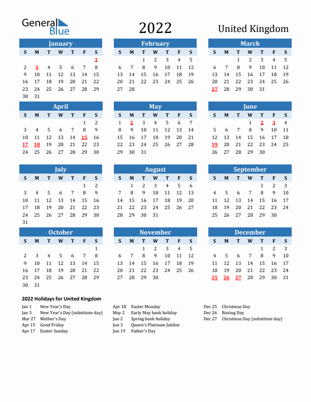 Printable Calendar 2022 with United Kingdom Holidays (Sunday Start)