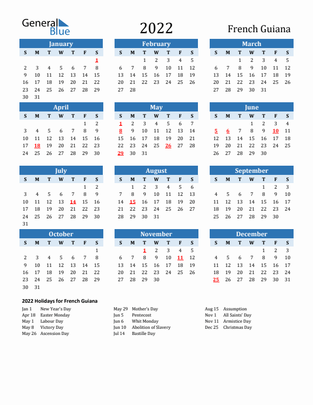 Printable Calendar 2022 with French Guiana Holidays (Sunday Start)