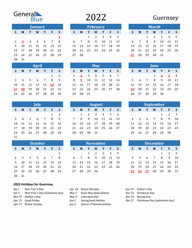 Printable Calendar 2022 with Guernsey Holidays (Sunday Start)