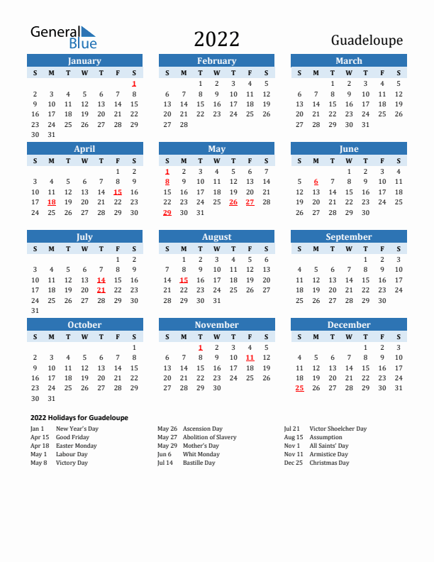 Printable Calendar 2022 with Guadeloupe Holidays (Sunday Start)