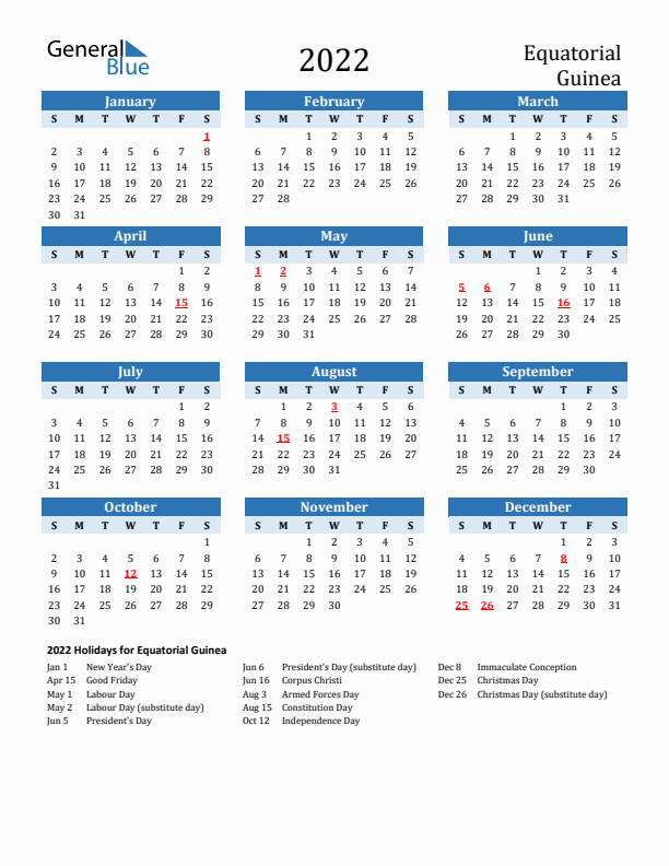 Printable Calendar 2022 with Equatorial Guinea Holidays (Sunday Start)