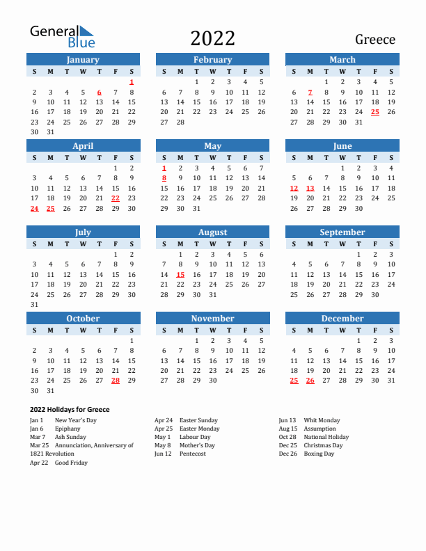 Printable Calendar 2022 with Greece Holidays (Sunday Start)