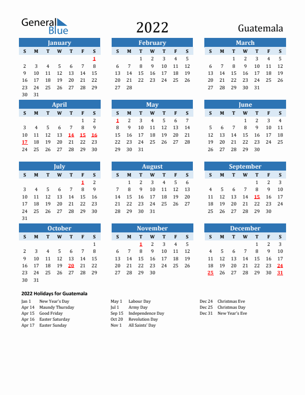 Printable Calendar 2022 with Guatemala Holidays (Sunday Start)
