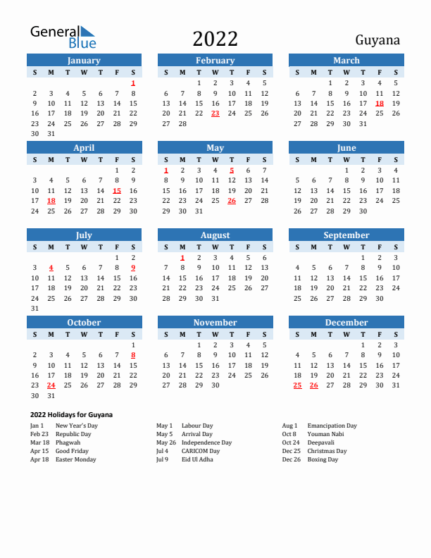 Printable Calendar 2022 with Guyana Holidays (Sunday Start)