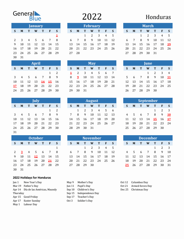 Printable Calendar 2022 with Honduras Holidays (Sunday Start)