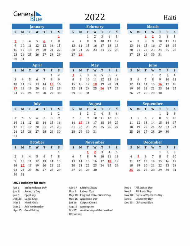Printable Calendar 2022 with Haiti Holidays (Sunday Start)
