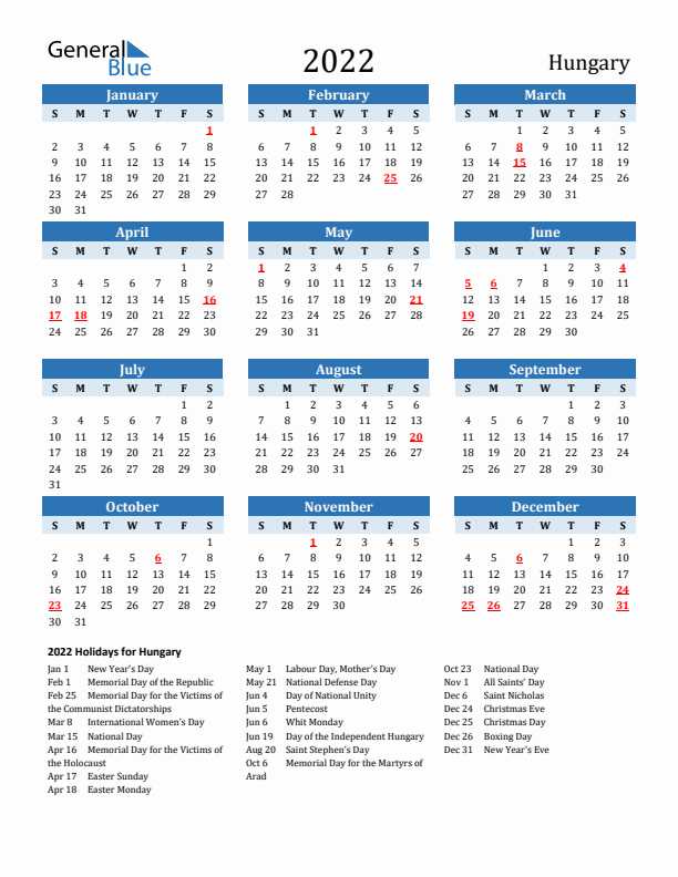 Printable Calendar 2022 with Hungary Holidays (Sunday Start)