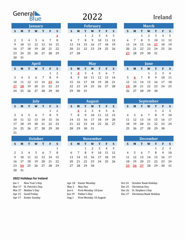 Printable Calendar 2022 with Ireland Holidays (Sunday Start)