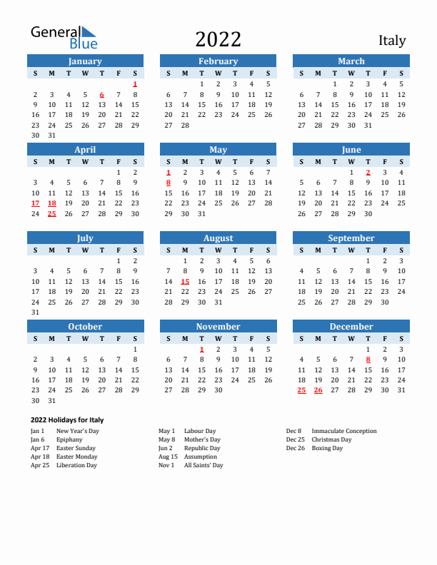 Printable Calendar 2022 with Italy Holidays (Sunday Start)