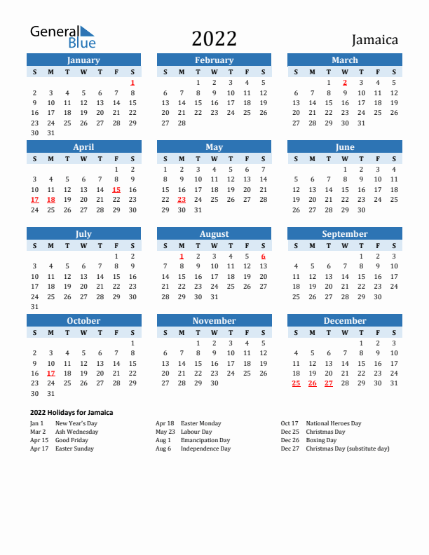 Printable Calendar 2022 with Jamaica Holidays (Sunday Start)