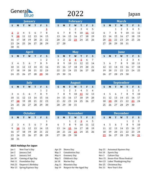 Printable Calendar 2022 with Japan Holidays (Sunday Start)