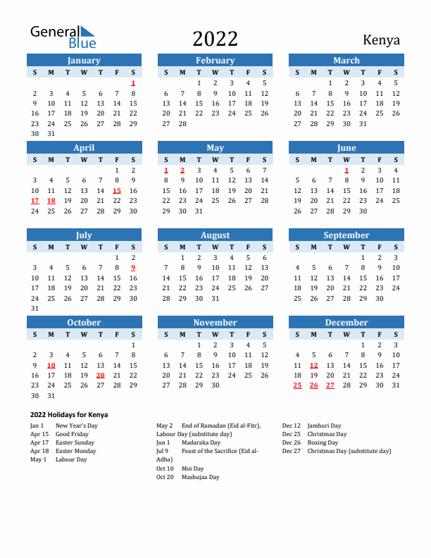 Printable Calendar 2022 with Kenya Holidays (Sunday Start)