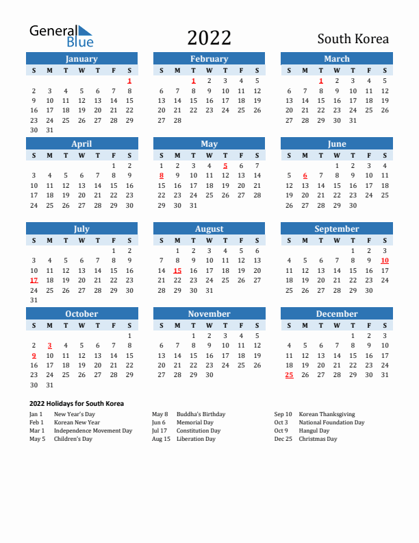 Printable Calendar 2022 with South Korea Holidays (Sunday Start)