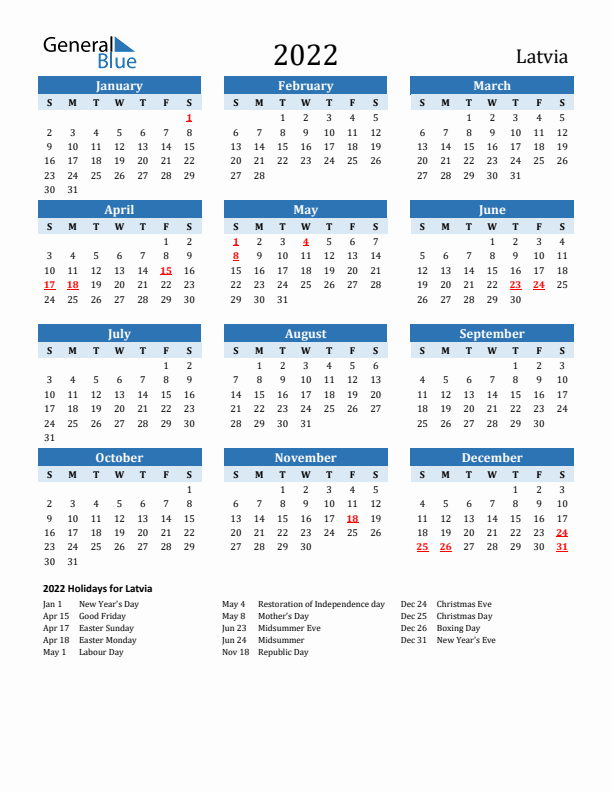Printable Calendar 2022 with Latvia Holidays (Sunday Start)