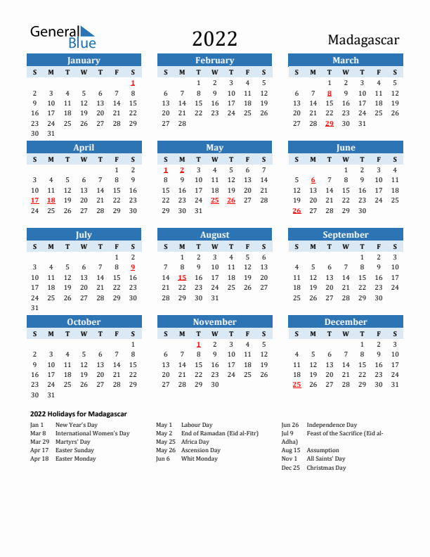 Printable Calendar 2022 with Madagascar Holidays (Sunday Start)
