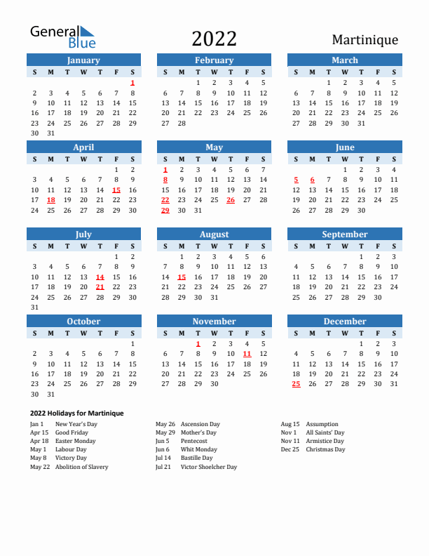 Printable Calendar 2022 with Martinique Holidays (Sunday Start)