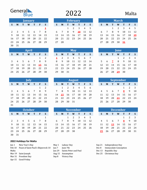 Printable Calendar 2022 with Malta Holidays (Sunday Start)
